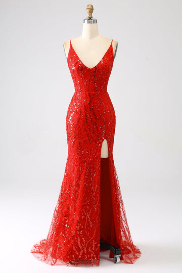 Glitter rosso sirena lungo paillettes abito da ballo con fessura